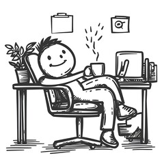 Happy Stick Figure Character Enjoying Coffee Break at a Computer Desk