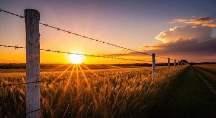 Sunset over a wheat field with barbed wire fence, rural landscape scene
