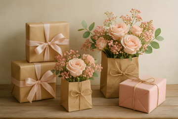 Elegant gifts and blooms in muted tones convey heartfelt appreciation and joyful celebration for special occasions and memorable moments