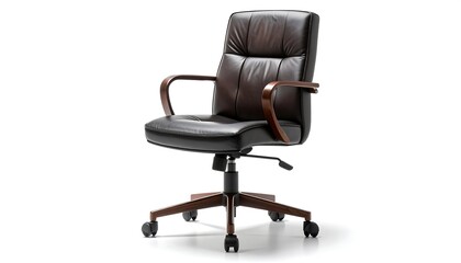 Leather office chair with brown wooden arms and base, on a white background, casting a subtle shadow