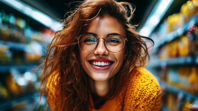 A joyful moment captured in bright colors, highlighting a young woman's vibrant smile and lively expression while she enjoys a playful interaction in a bright, inviting store environment.