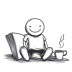 Happy Stick Figure Joyfully Sitting with an Open Book and a Steaming Beverage for Leisure