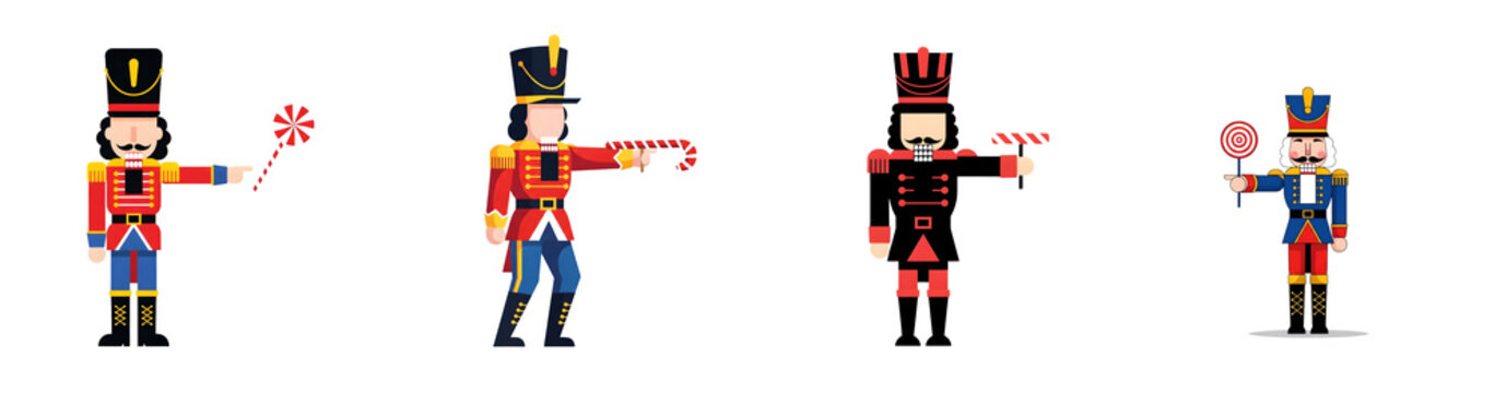 Four cartoon nutcrackers in military uniforms holding candy and pointing isolate