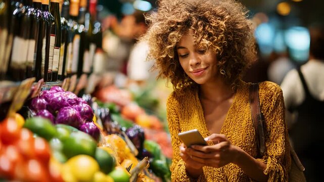 A young woman with curly hair smiles while using her smartphone in a vibrant market filled with fresh fruits and vegetables, creating a warm and lively atmosphere of shopping