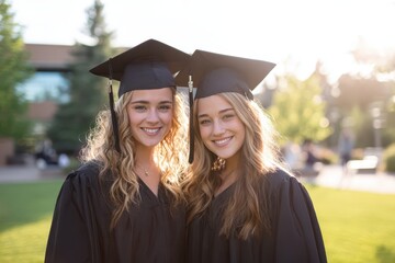 Outdoor graduation scene featuring a high school and a university graduate with expansive negative space for messaging