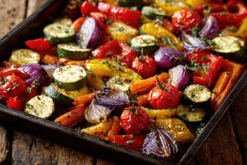 Oven roasted vegetable medley on a sheet pan with olive oil and herbs