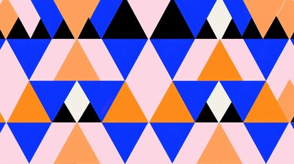 A bold abstract geometric pattern featuring vibrant orange, blue, and pink triangles. It uses sharp lines, geometric shapes, and striking color contrasts, making it suitable for creative projects.