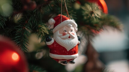 Santa ornament hangs on tree branch