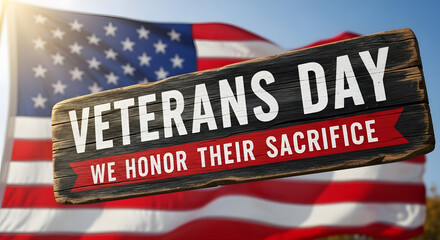 Honoring our veterans with a rustic wooden sign against the American flag, a tribute to their service and sacrifice for Veterans Day remembrance