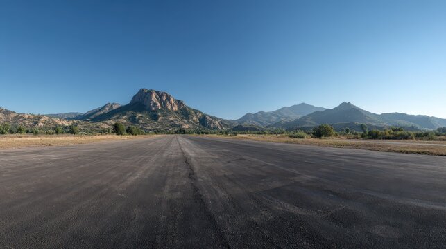 Panoramic view of an empty asphalt road extending toward distant mountains under a clear blue sky