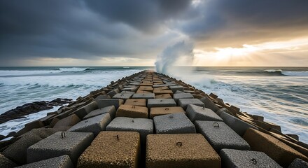 Crashing ocean waves on a rugged stone pier at sunset dramatic moody sky majestic seascape
