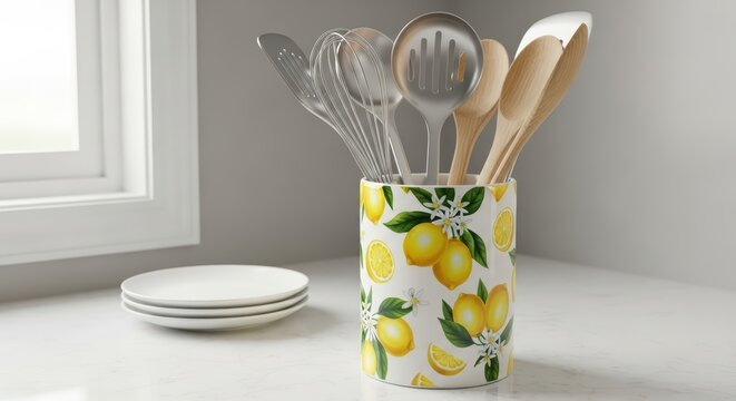 Lemon-themed utensil holder with cutlery on kitchen counter near window