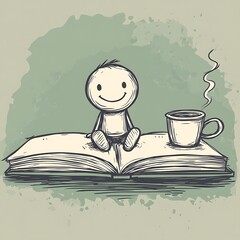 Happy stick figure person sitting comfortably on an open book with warm coffee