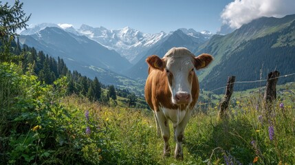 Pastoral scene: a cow in the Swiss countryside with distant mountains