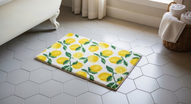 Lemon pattern bath mat in bright bathroom with hexagonal tile floor