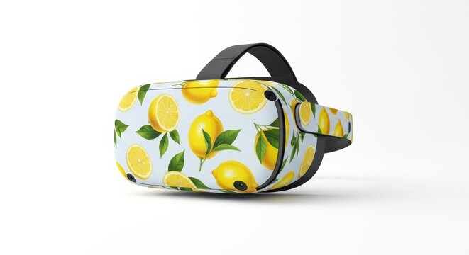 Virtual reality headset with vibrant lemon pattern design on white background