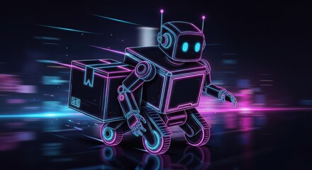 Autonomous delivery mechanism moves quickly through a neon-lit futuristic environment