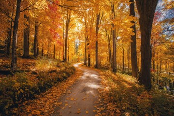 Obraz premium Peaceful forest scene: path lined with fall colors and warm golden light