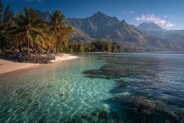 Idyllic Tropical Paradise Beach with Crystal Clear Water and Mountains