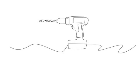Continuous line drawing of a cordless drill.One line drawing in a simple minimalist style, highlighting a handheld power tool commonly used in construction, woodworking, and home repair tasks.