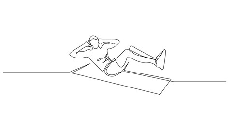 Continuous line drawing of a man doing bicycle crunch exercise on a mat.Single line drawing of a man exercising with bicycle crunch movement on a mat.Fitness activities and core body exercises.
