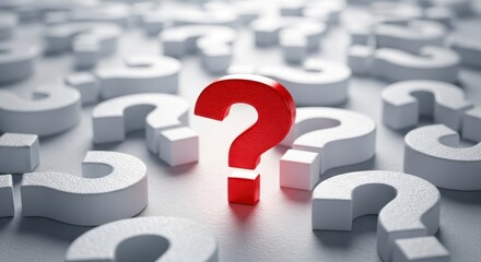 Red question mark standing out among white question marks on surface
