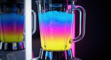 Glass container on an appliance base holds vividly colored liquid mixture under dramatic lighting