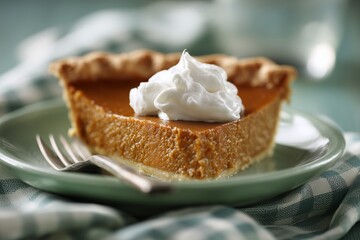 Delicious Slice of Pumpkin Pie with Creamy Topping Ready to Eat