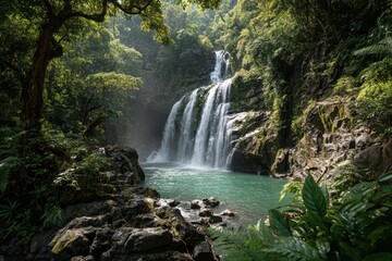 Photographic view of a tropical waterfall cascade in Costa Rica's lush jungle