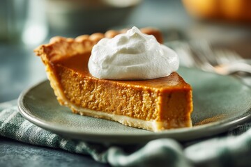 Perfect Slice of Thanksgiving Pumpkin Pie with a Dollop of Cream