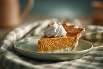 Elegant Slice of Creamy Pumpkin Pie on a Plate with a Soft Focus Background