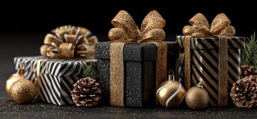 Elegant Black and Gold Christmas Gift Boxes with Festive Decorations
