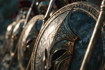 Elaborate Ancient Shield with a Helmet Motif in an Army Formation