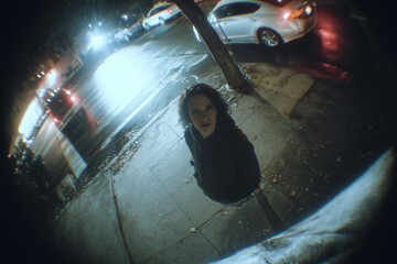 Vulnerable Gaze Under a Watchful Fisheye Lens on a Dark City Street