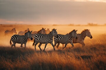 Wild Zebras Galloping Across the Plains in the Magical Light of Dawn