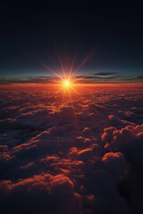 Golden-hour sunrise above sculpted atmospheric cloud layers, warm inner glow contrasting with cool blue shadows, intense central starburst flare