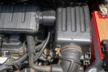 Close up displays an automotive air filter box. For graphic design, 3D rendering and banners