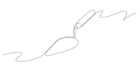 Continuous line drawing of a hand shovel used for digging soil. One line drawing of a small garden trowel with a curved blade and simple handle.