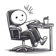 Jubilant stick figure person celebrating success with feet up at a cluttered office desk