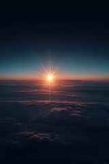 Golden-hour sunrise above sculpted atmospheric cloud layers, warm inner glow contrasting with cool blue shadows, intense central starburst flare