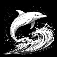 Majestic Dolphin Leaping Gracefully Over Ocean Waves in a Dynamic Monochrome Water Illustration