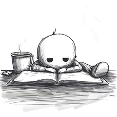 Melancholy Character Studying an Open Book with a Steaming Coffee Mug on a Quiet Desk