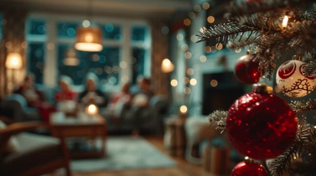 Festive Christmas gathering with family in cozy living room, decorated tree with twinkling lights creating warm holiday memories and joyful celebrations