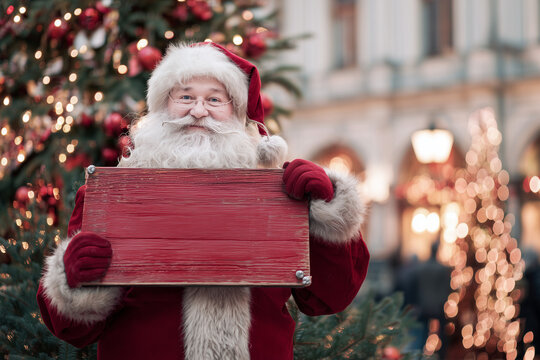 Santa Claus in glasses holding a red sign on a Christmas tree background 