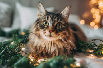 Maine Coon cat lying among Christmas lights