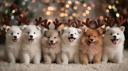 Row of white Pomeranian and Samoyed puppies with reindeer antlers