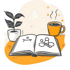 Modern Vibrant Reading Setup with an Open Book, Potted Plant, and Steaming Coffee Mug