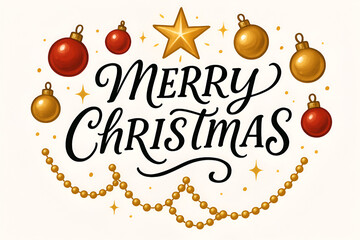 Merry Christmas hand lettering greeting surrounded by gold and red holiday ornaments