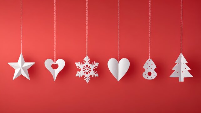 Minimal white paper Christmas ornaments on a vibrant red background, clean shapes, smooth texture, soft even lighting, no shadows, modern festive composition, high-quality studio style.