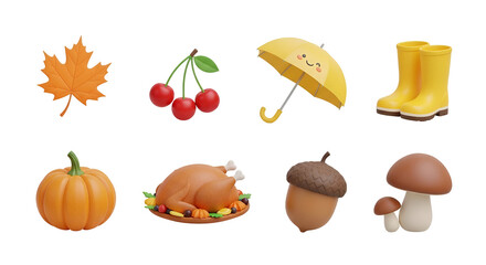 3d render of autumn and thanksgiving elements set, isolated on transparent background